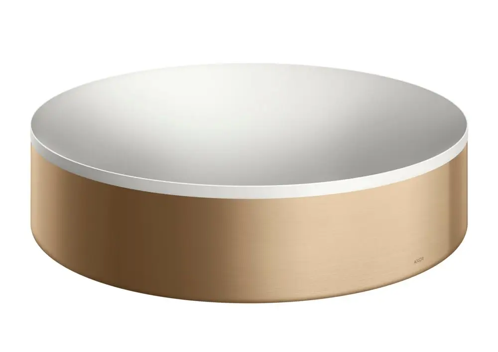 Runder Aufsatzwaschtisch in Brushed Bronze von AXOR, mit flacher weißen Oberfläche und ohne Hahnloch oder Überlauf.